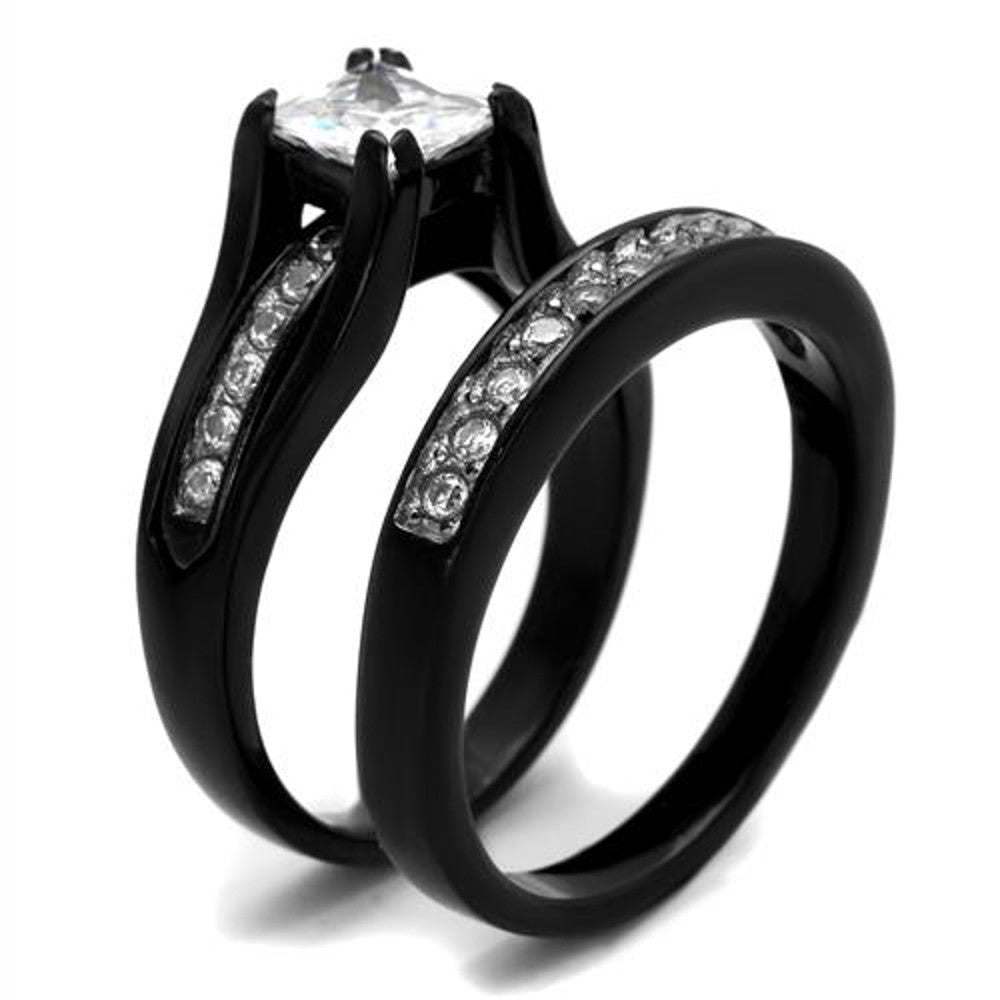 Hers & His Black Ion Plated Stainless Steel 3pc Wedding Engagement Ring Band Set